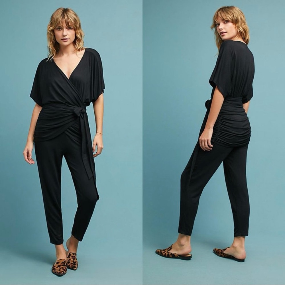 Anthropologie Saturday Sunday Aisling Wrap Jumpsuit Black Jersey Tie Waist Sz M
